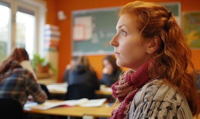 Frau lernt eine Sprache an einer Volkshochschule VHS